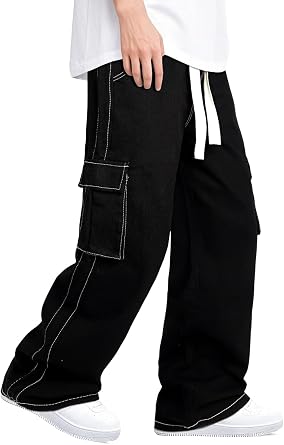 Heyfanee Mens Baggy Jeans Elastic Waist Denim Pants with Drawstring | Streetwear, Y2K, 90s Look, Wide Leg, Chill Trendy Retro Style Easy.