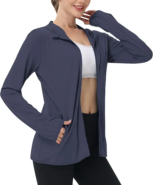 Womens Sun Shirts Full Zip UPF 50+ Protection Hoodie Jacket Long Sleeve Hiking Outdoor Lightweight Upf50+ Jackets Athletic for Women Uv Shirt Dark Blue