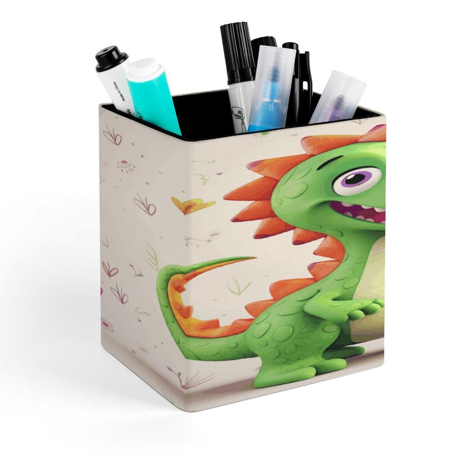 JTREHY Cute Dinosaur Pen Holder Square Pen Pencil Holder Makeup Brush Holders Cup PU Leather Pencil Cups Desktop Caddy Stationery Organizer Case Office Accessories Container Box