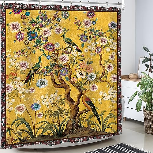Homewelle HM-HRFXJ-70447 Vintage Boho Mandala Floral Tree Of Life Spring Shower Curtain Retro Flower Blossom Birds Plant Botanical Yellow Indian 60Wx72H Inch Nature Waterproof Polyester Fabric Bathroom Bathtub thumb #3