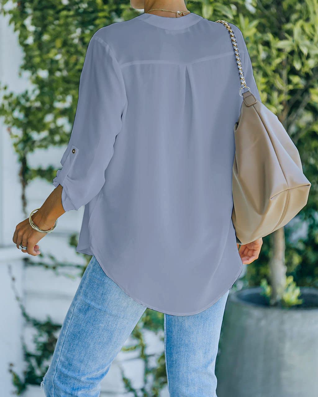 NONSAR Camicetta da donna Henley, elegante, con scollo a V, maniche arrotolabili, in stile casual