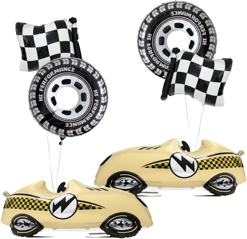All-In-1 Racing Car Themed 1st Baby Shower Balloons, Yellow Fast Speedy Race Car Hot Wheels Tire Checkered Black and White Flag Balloon For Birthday Retro Racing Party Decorations Supplies
