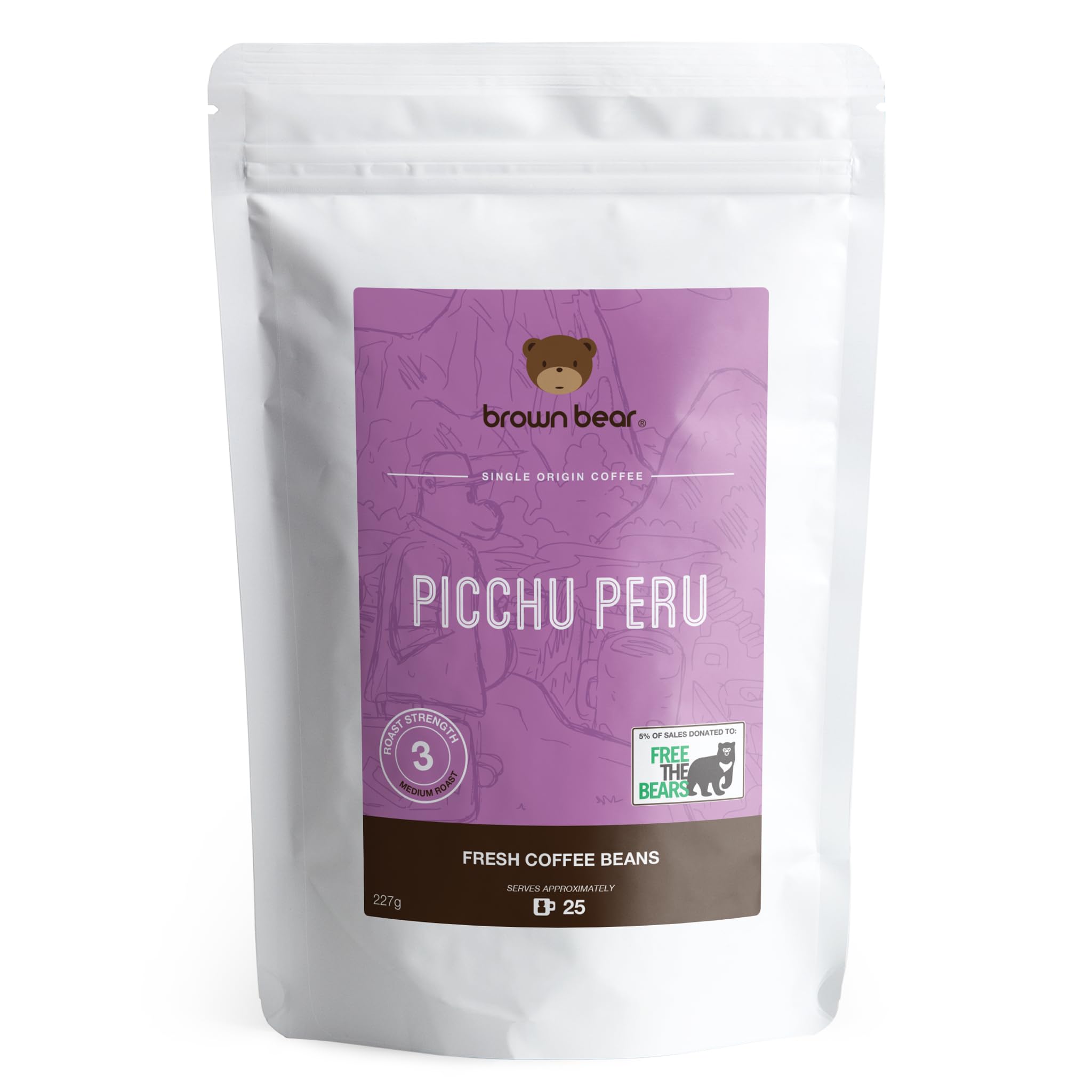 Picchu Peru Peruvian Medium Roast Coffee Beans 227g - Suitable For All Machines - Strength 3 - Brown Bear Coffee - Donation to Free The Bears - 100% Arabica