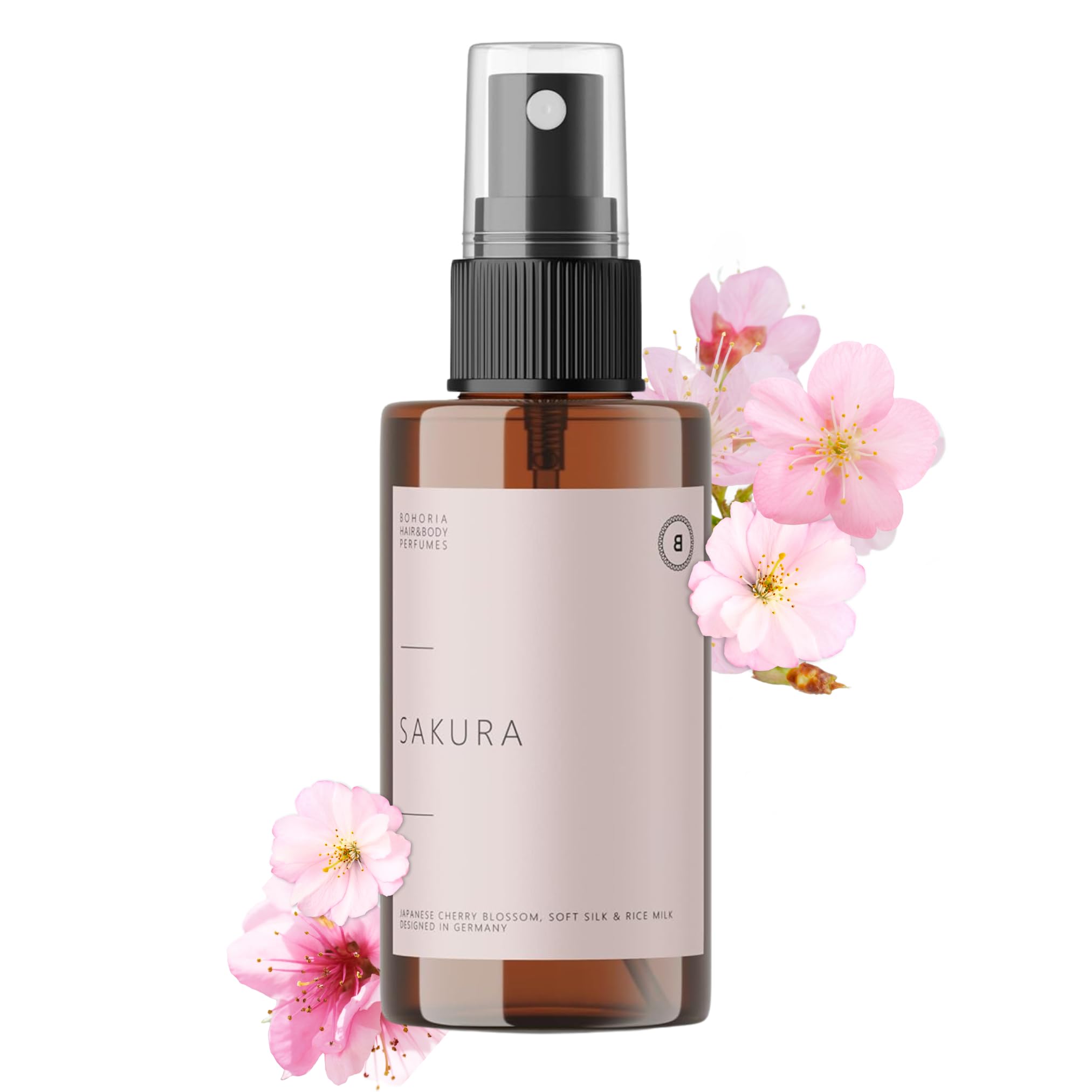 BOHORIA Sakura - Profumo per capelli con delicato profumo di latte di riso e fiori di ciliegio - Formula vegana nutriente, senza siliconi, adatto a tutti i tipi di capelli, 100 ml (100 ml, Sakura)