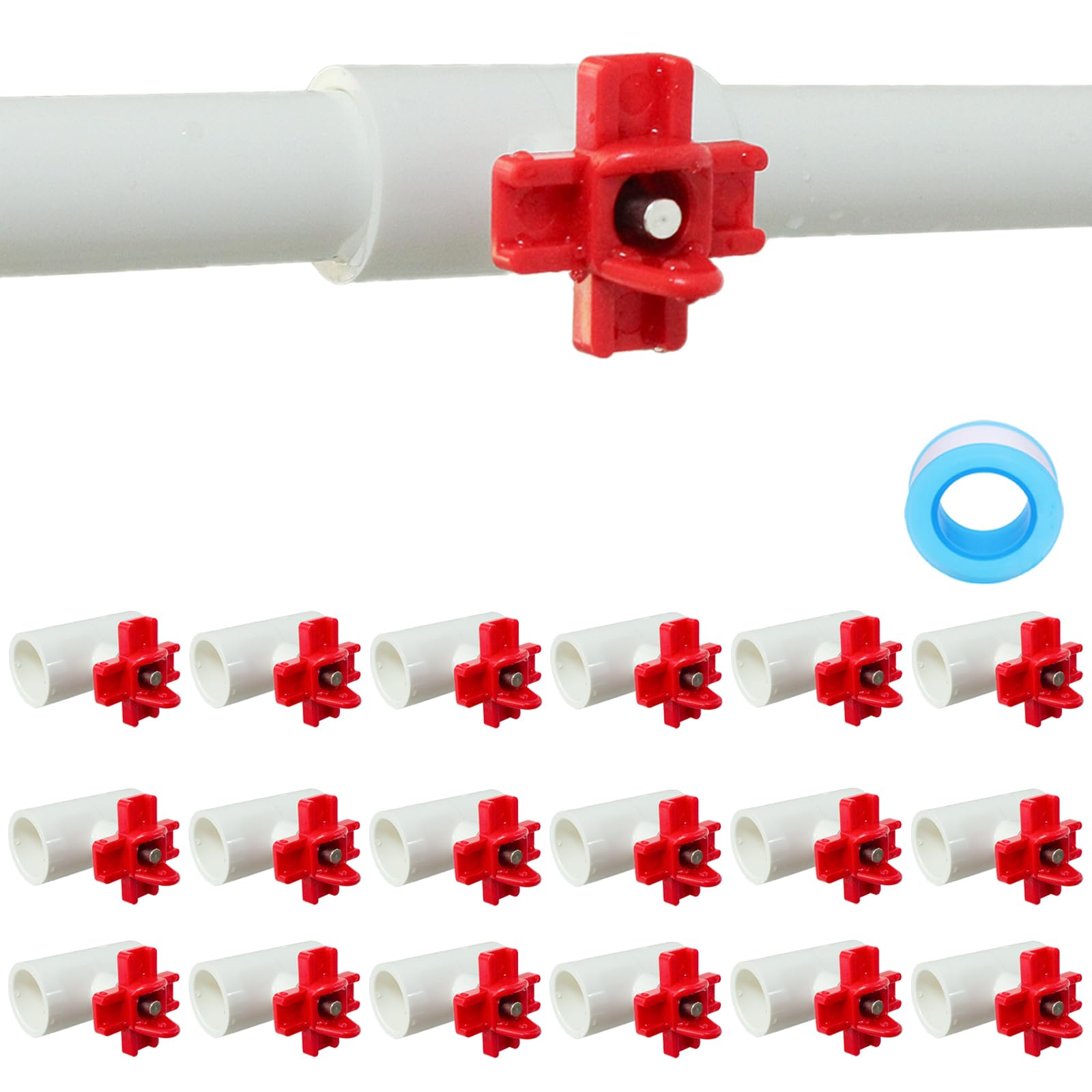 Lot de 18 tétons horizontaux avec raccords en T en PVC de 1,27 cm pour système d'arrosage automatique du poulet
