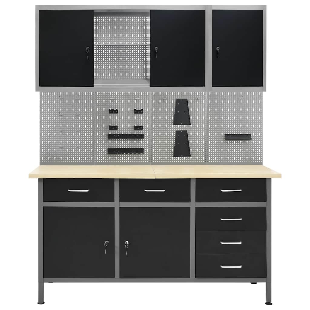 Set da officina, banco da lavoro, 160 x 60 x 85 cm, con 4 pareti per attrezzi e 2 armadi da parete chiudibili