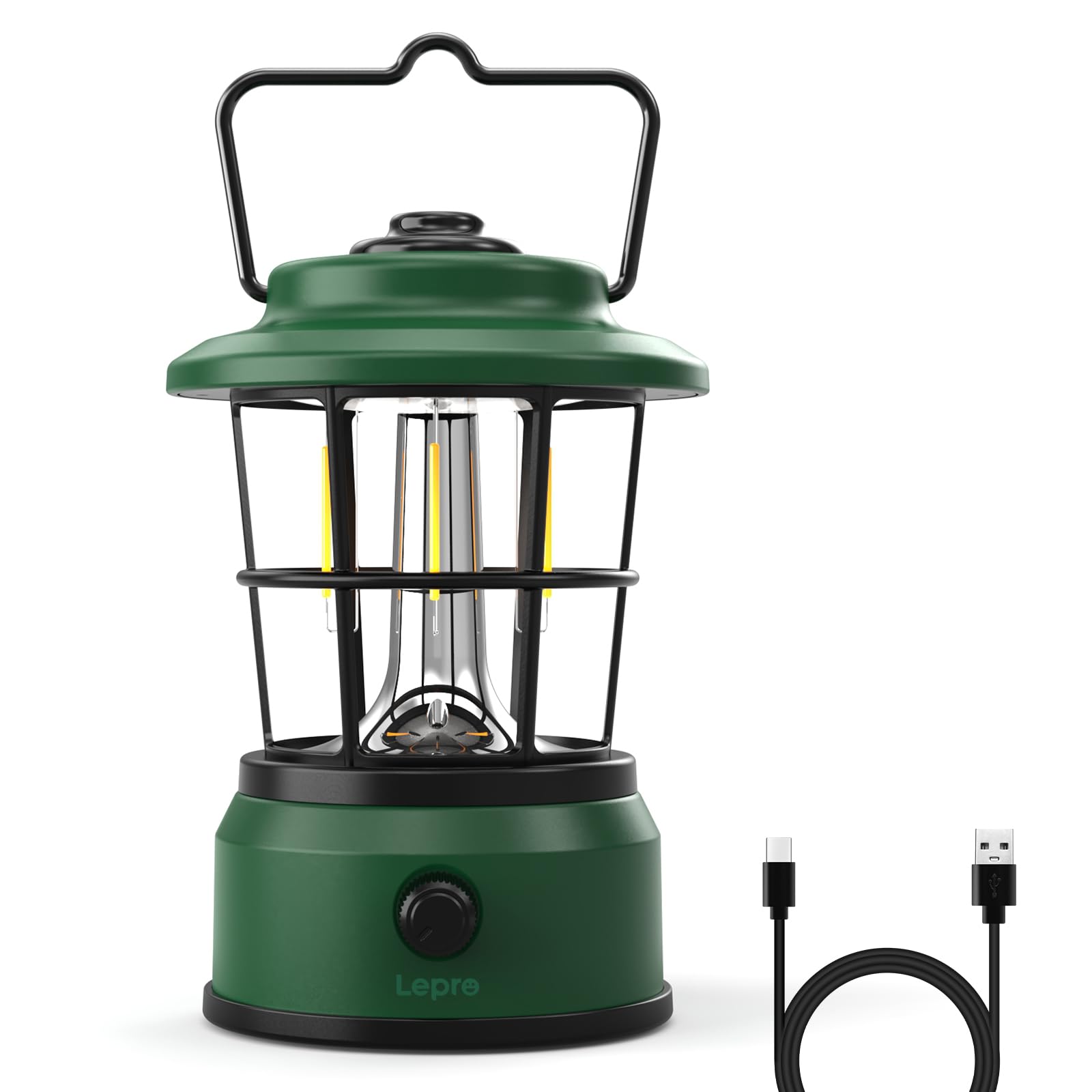 Lepro Green Rechargeable Camping Lantern, 300Lm Retro Camping Tent Light With Knob Control, Dimmable Warm & Cool White, Type-C Charging, 3600Mah Portable Hanging Lamp For Power Cuts, Garden, Fishing,