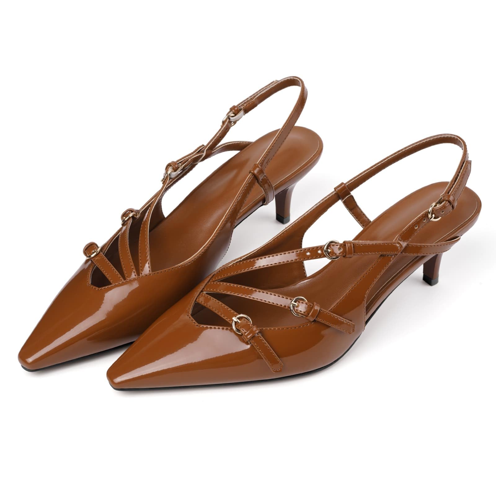 CORNMOOD Slingback Kitten Heels for Women Pointed Toe Stiletto Low Heels with Buckle Strap Heeled Pumps Sandals