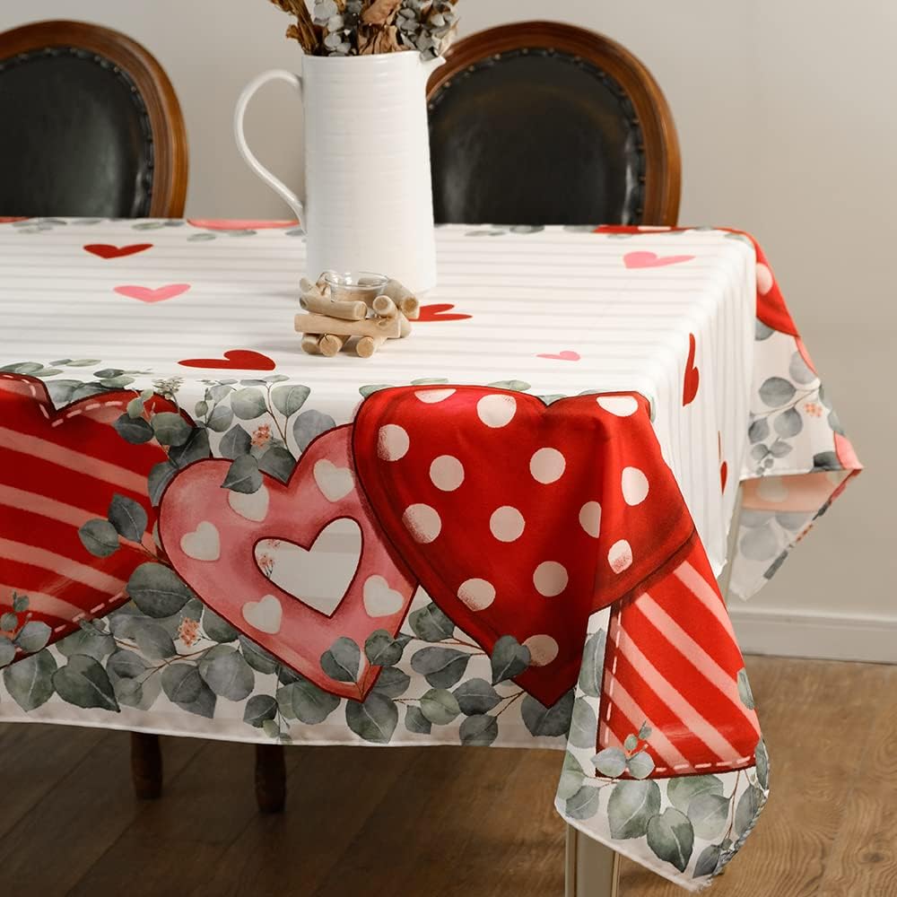 ARKENY Valentine Tablecloth 60 * 84 Inch Rectangle White Polka dot Heart Valentine Table Cloth Holiday Green Eucalyptus Decorative Fabric Table Cover for Valentines Day Décor : Home & Kitchen