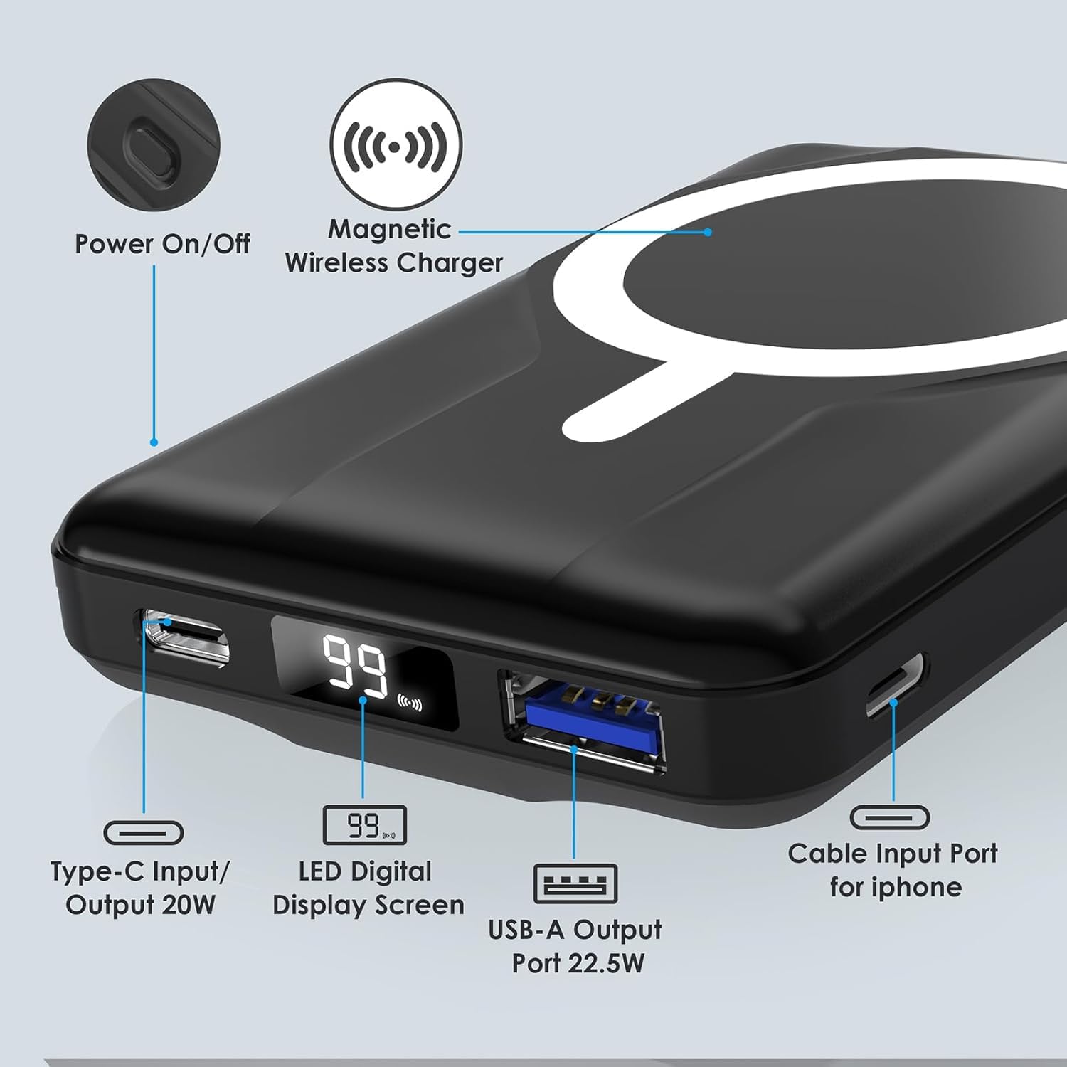 Azmuth Wireless Portable Charger with Stand, 10000mAh Magnetic Power Bank, 22.5W USB-C Fast Charging Battery Pack with Digital Display Compatible with iPhone 15/14/13/12 Series (Black), KT-D022