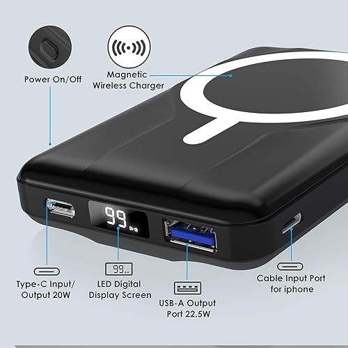 Miniatura 2 de Azmuth Cargador portátil inalámbrico con soporte, banco magnético delgado de 10000 mAh para Magsafe, batería de carga rápida de 22.5 W, compatible