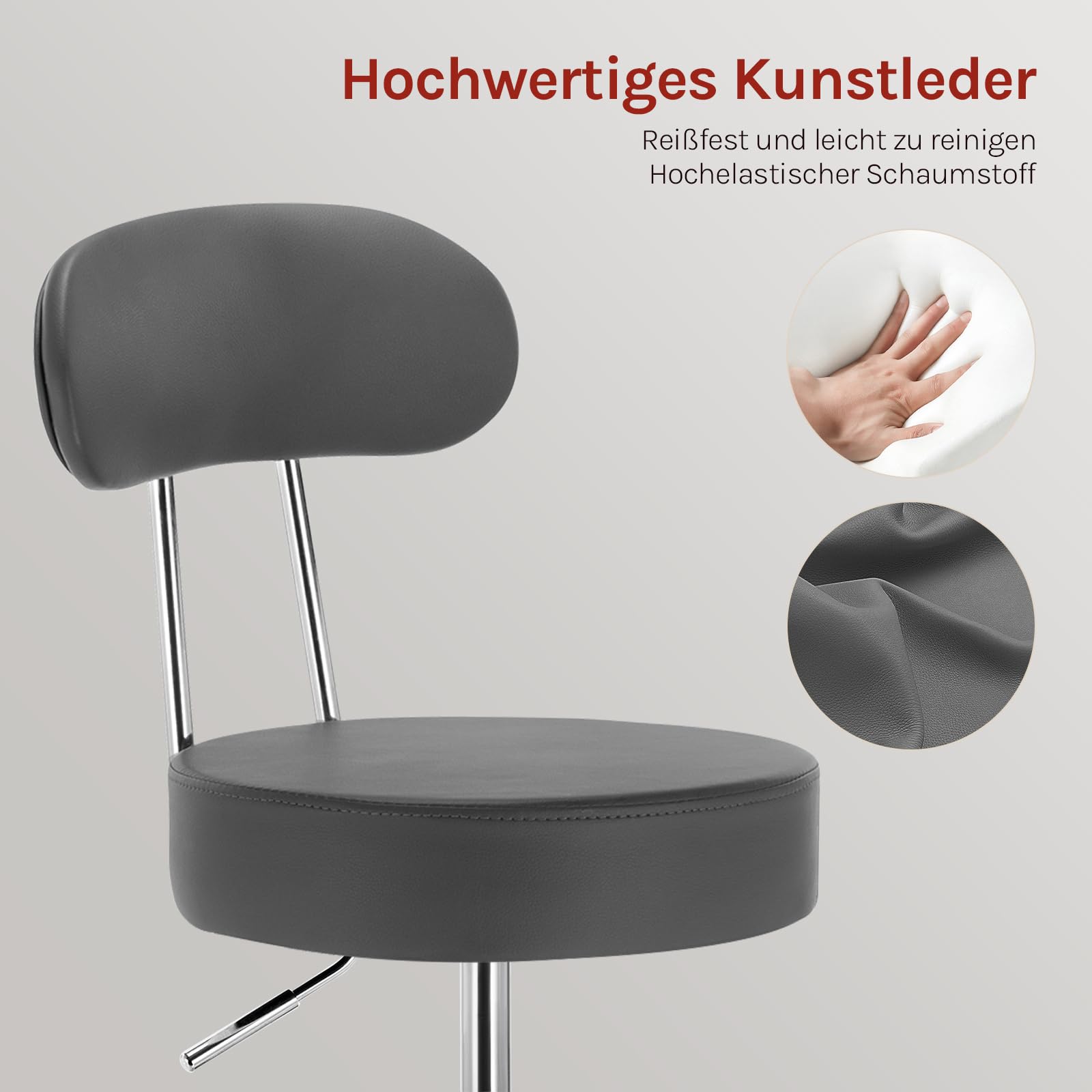 WOLTU Rollhocker Schminkhocker Hocker höhenverstellbar mit Rollen & Lehne Grau Arbeitshocker 360° Drehhocker Bürostuhl Kosmetikhocker für Werkstatt, Schönheitssalons, Studios, Tätowierungen
