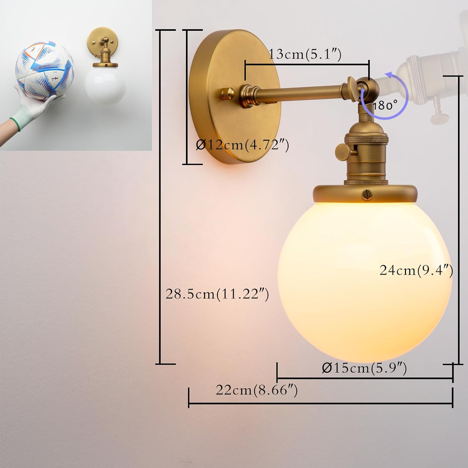 PERMO Vintage Wall Sconce Lighting Fixture with 5.9" Round Globe Milk White Glass Hand Blown Shade Hardwired Wall sconces with Switch (Antique Brass) Anqitue