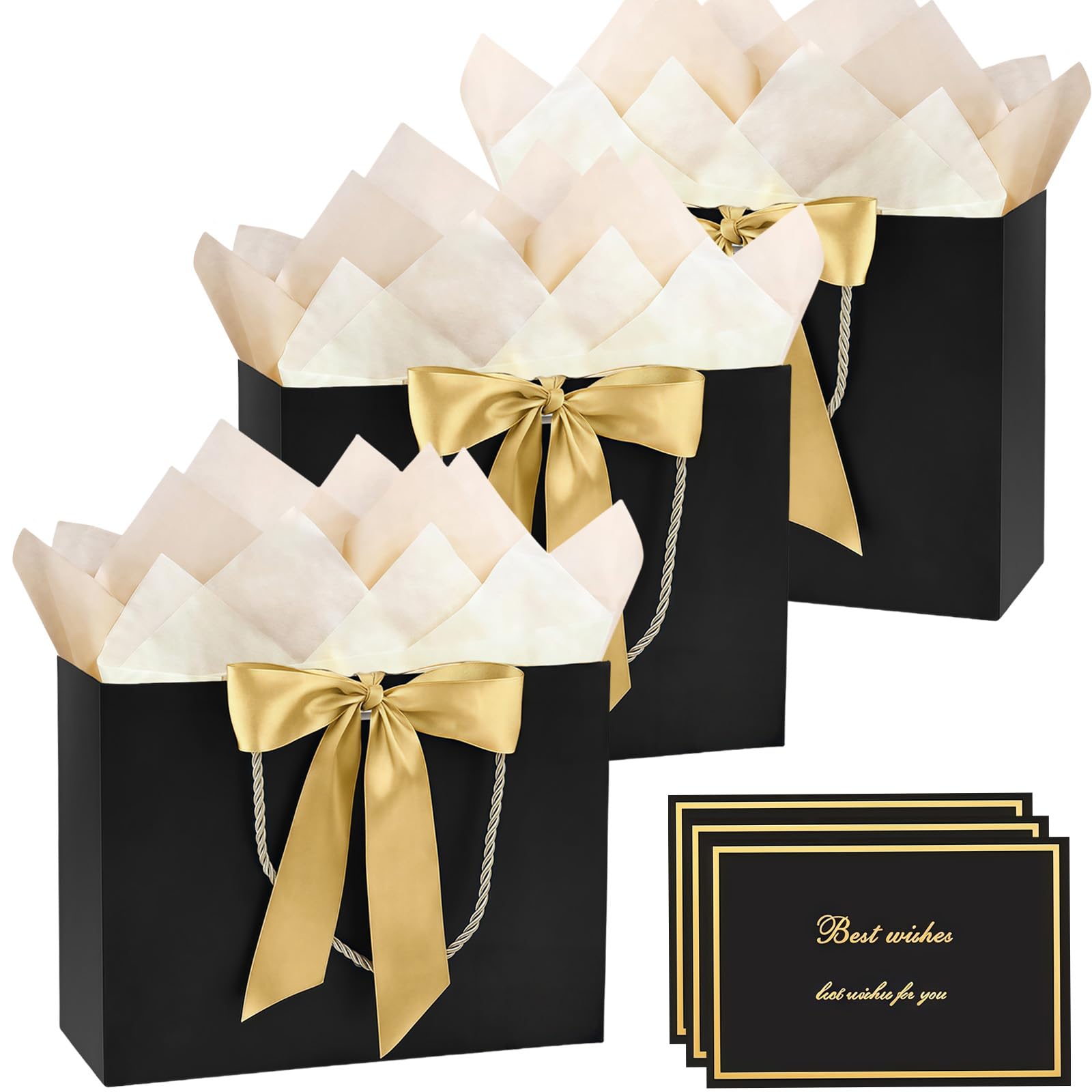 Medium Black Gift Bag, 3pcs Present Bags 20 x 10 x 28 cm with Handle 6 Tissue Papers and 3 Cards, Bow Ribbon Birthday Party Bags for Weddings, Birthdays, Parties, Valentine's Day and Xmas