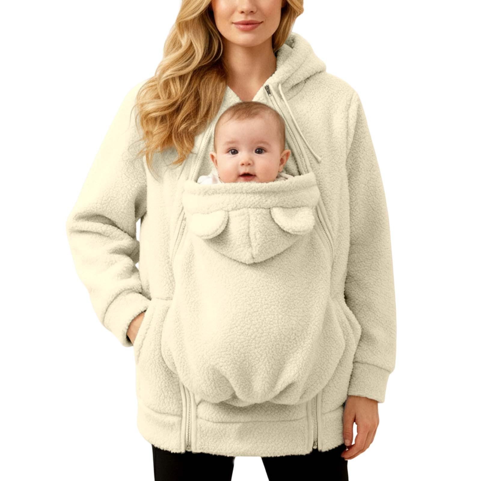 Générique Veste de maternité d'hiver polaire avec insert amovible pour bébé, capuche et poches partagées - Manteau chaud en coton doux pour allaitement et extérieur, confortable et fonctionnel