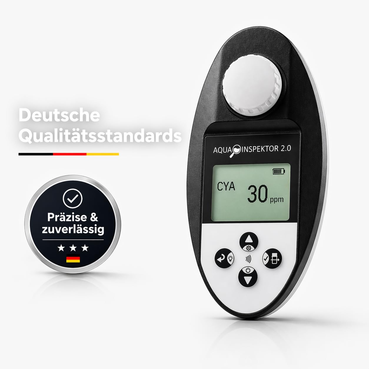 poolomio® Pooltester Digital mit NFC & App - Wassertester 11 Parameter | Messgerät für Pool, Whirlpool & Spa, misst Chlor, pH, Brom, Alkalinität u.v.m., IPX7 wasserdicht, inkl. Reagenztabletten