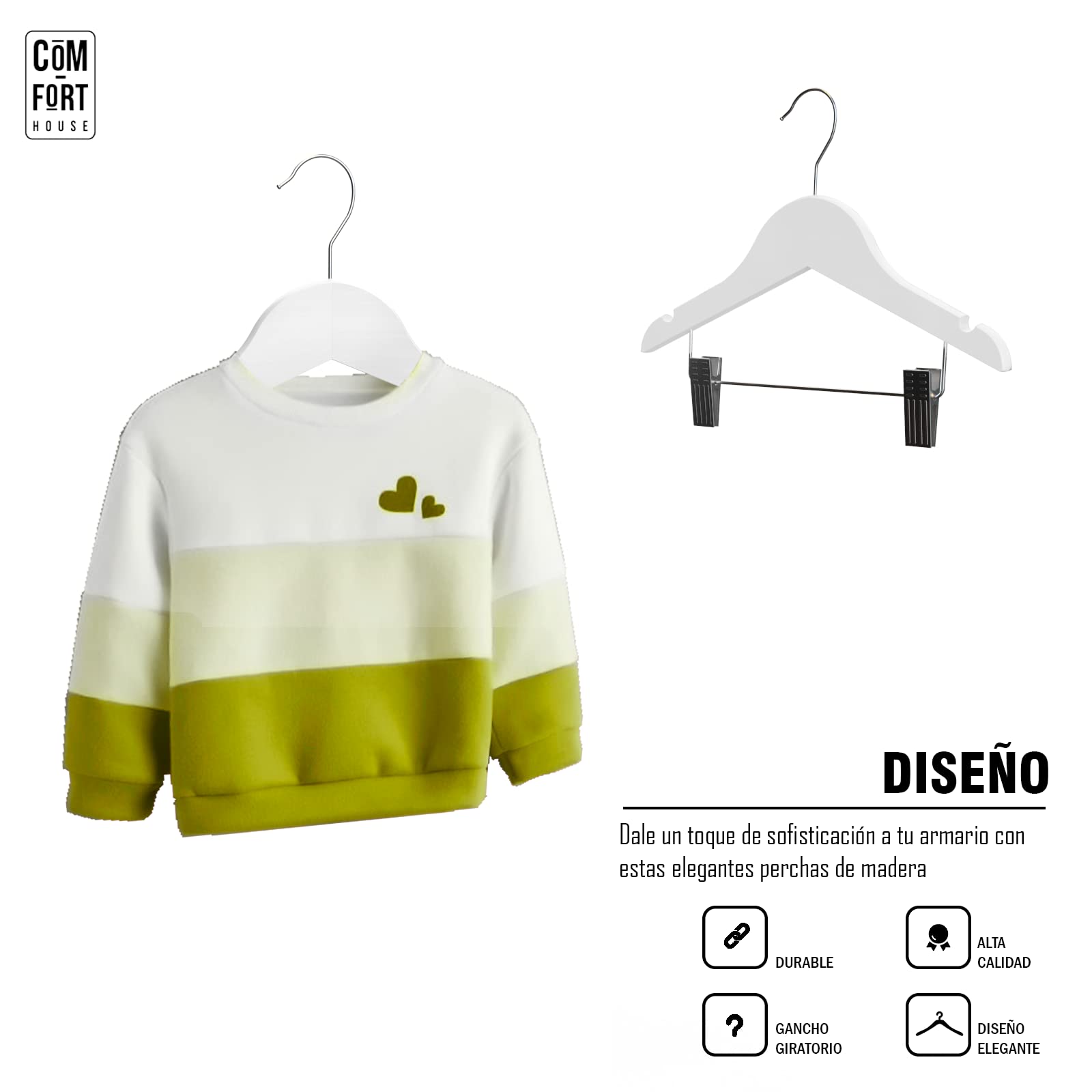 COM-FORT HOUSE | Percha Madera Cadete con Pinzas| Percha Infantil | Color Blanco| Percha Madera de Arce | con Muescas Antideslizantes | 30 x 1.2 x 22 cm | Pack 18 Unidades