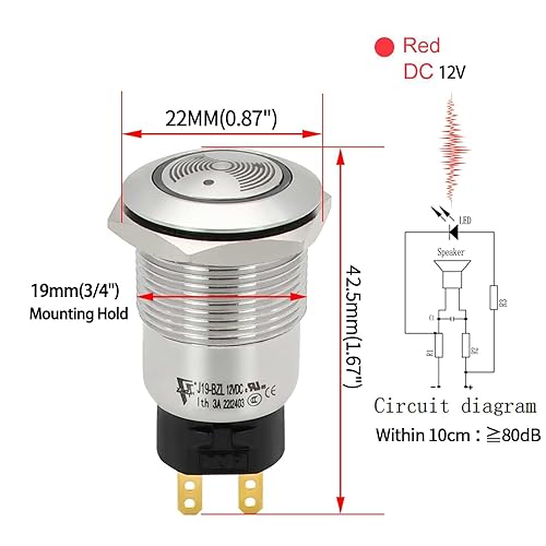 Miniatura 5 de Zumbador LED rojo 12 V 0.748 in alarma indicador luz lámpara de acero inoxidable señal de metal piloto 0.75 "agujero de montaje con 85dB sonido