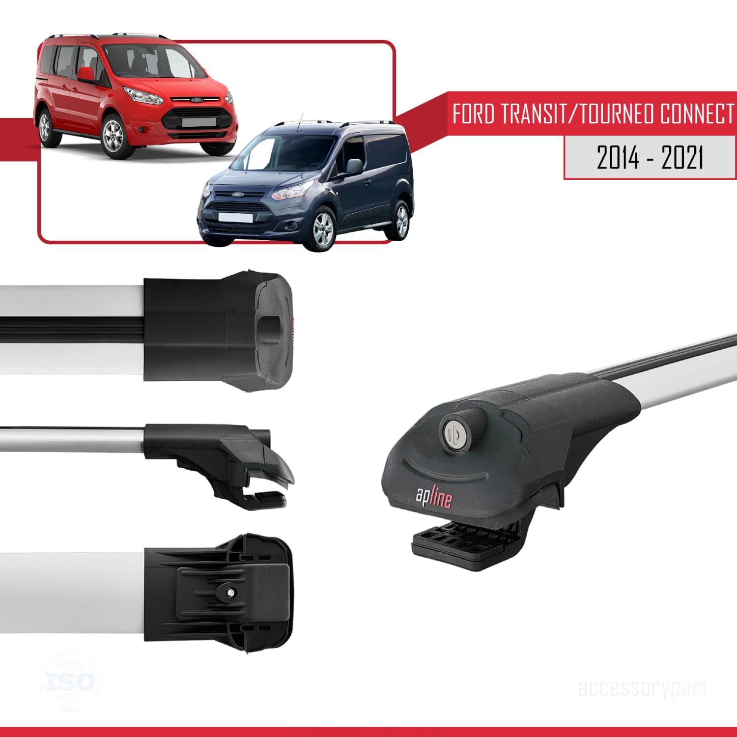 Barres De Toit Aluminium 3 Pièces Ipqi Pour Ford Transit/Tourneo Connect 2 (2014-2021) – Noir, Anodisé, Charge 75 Kg En Roulant