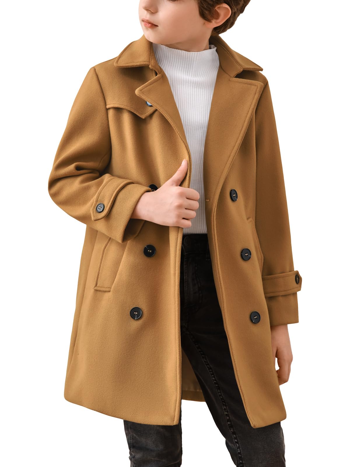 Haloumoning Boys Double Breasted Peacoat Notched Lapel Collar Wool Blend Long Coat with Pockets