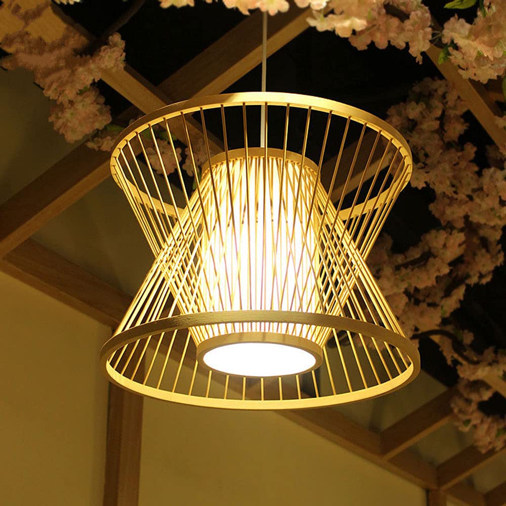 SYAXVOM Japanese Style Bamboo Wicker Pendant Light with Cloth Art Hollow Lampshade E26/E27 Fixtures for Dining Room Cafe and Restaurant Indoor Chandeliers Ceiling Lighting Home Decor