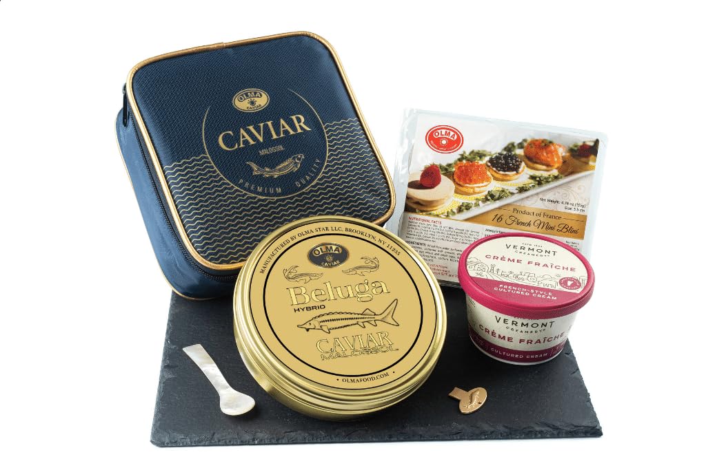- OLMA Beluga Hybrid Caviar Gift Set - Includes 250g Metal Tin Beluga Fish Roe, Mini Blinis, Creme Fraiche & Mother of Pearl Serving Spoon - Rated Top Black Caviar in the World