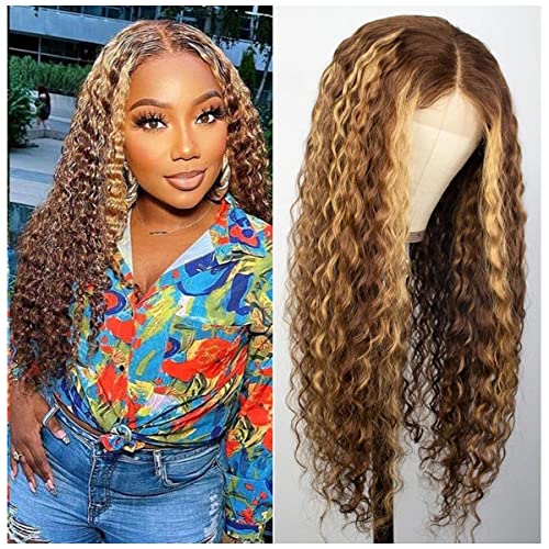 Highlight Deep Wave Wigs Human Hair Lace Front Wigs P4/27 Ombre Transparent Curly Water Wave Lace Frontal Wig 13X1 T Part Wavy Lace Front Human Hair Wigs for Black women Honey Blonde 180% Density 18Inch