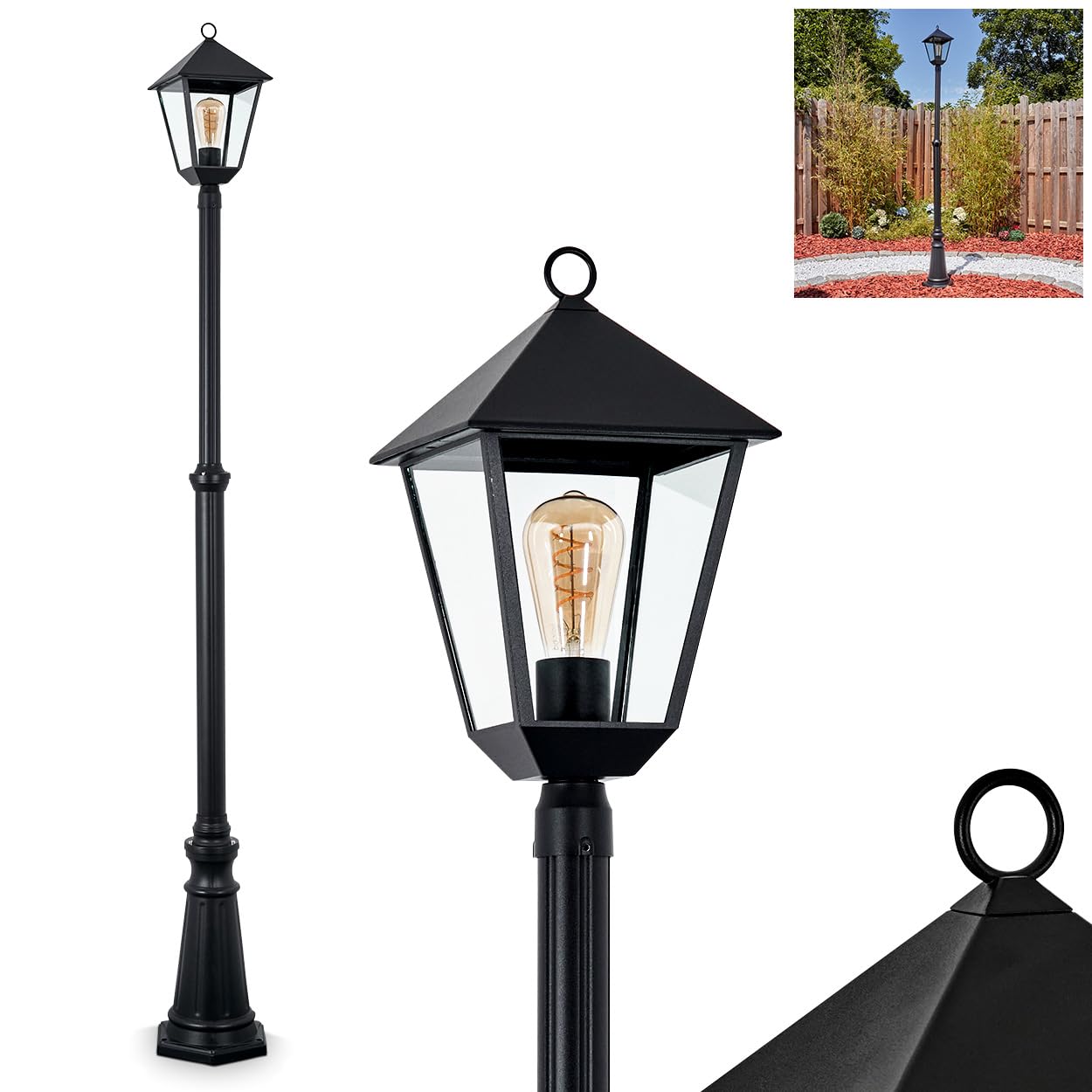 HOFSTEIN Außenwegeleuchte Anfei, Wegeleuchte aus Metall/Glas in Schwarz/Klar, Leuchte im Vintage/Antik/Landhaus-Design für Außenbereich/Garten/Terrasse, Höhe 230 cm, 1 x E27, ohne Leuchtmittel, IP44