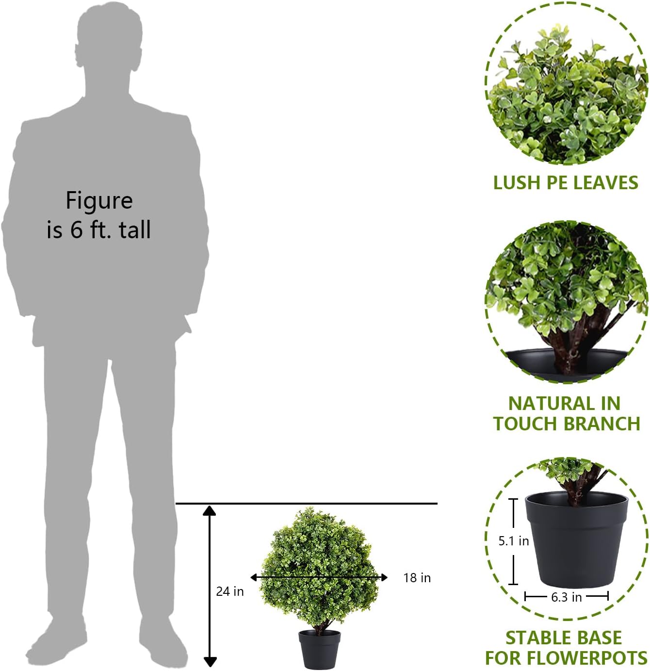 24" Faux Boxwood Plants Outdoor, Artificial Topiary Ball Trees Set of 2, UV Resistant Fake Potted Evergreen Realistic Greenery Bushes Shrubs for Outside Front Porch Planter Patio Indoor Decor 2ft Tall - Image 8