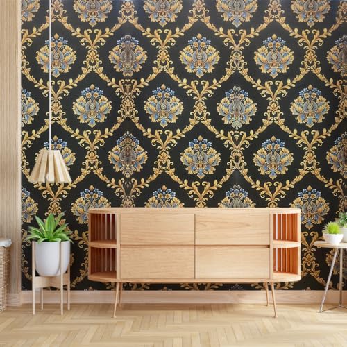 Image of Eurotex Non Adhesive PVC Wallpaper Roll for Home Wall Decor, Wallcovering for Living Room, Bedroom Walls l Luxury Damask Premium Wallpaper Roll (57 sq.ft Roll, 230210-Black)