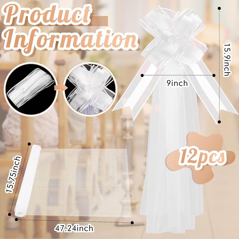 Grands nœuds blancs de mariage avec long tulle pour décoration de chaise d'allée de mariage