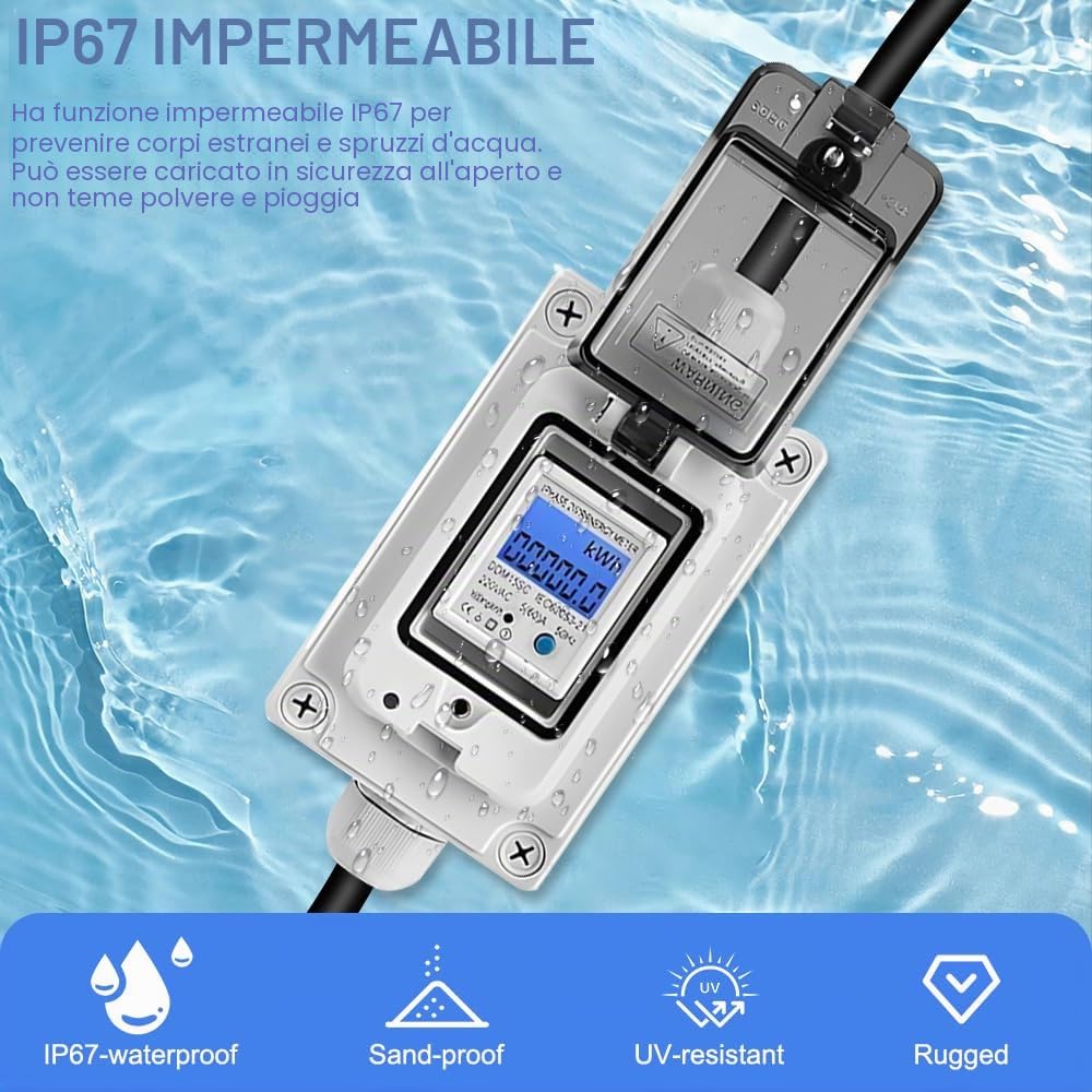 Contatore elettrico digitale portatile, 230 V, 16 A, per presa di corrente, per esterni, IP67, impermeabile, contatore intermedio per esterni, con cavo in gomma, portatile, per camper veicoli