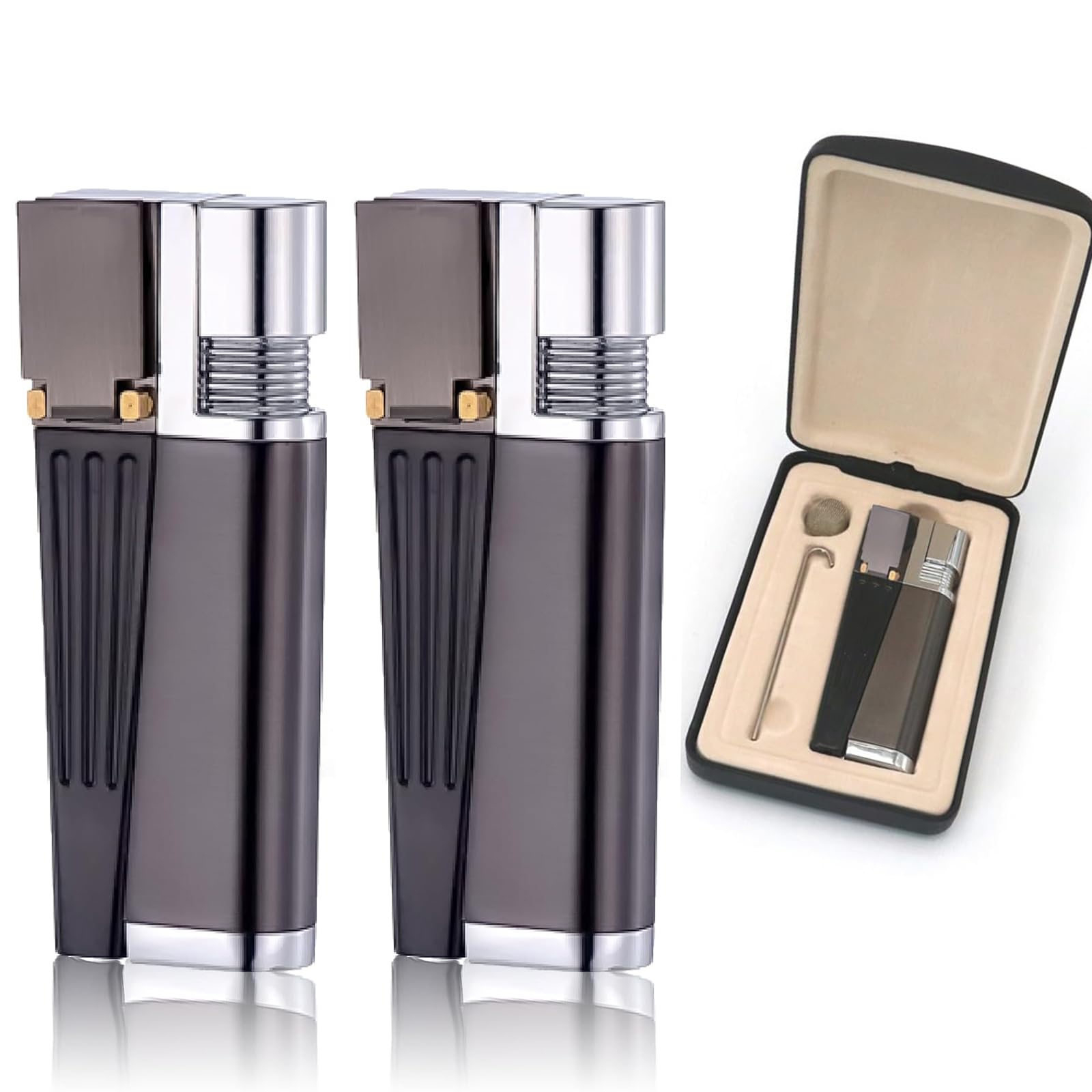 GSHLGAO 2 Pack Foldable Metal Lighter Open Soft Flame with Accessories Refillable Torch Lighter in Heavy-Duty Gift Box for Men Women Camping BBQ Kitchen (Gas Not Included)