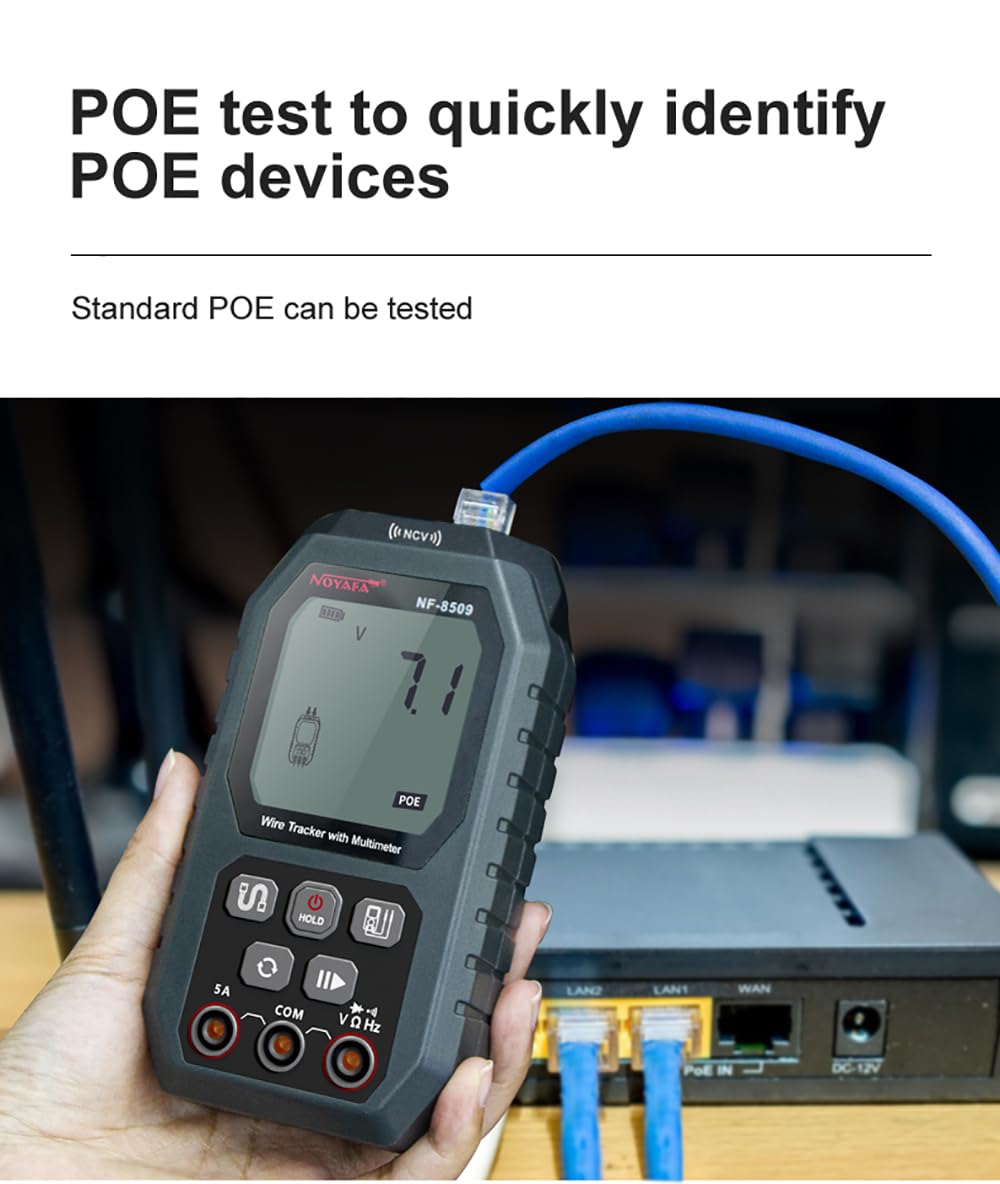 NOYAFA Network Cable Tester Wire Tracker con multímetro Multifuncional Ethernet Wire Tracker DC AC voltímetro con rastreo de cables/prueba de longitud/prueba POE