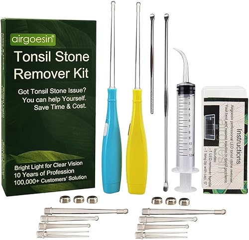 Airgoesin Herramienta removedora de cera de oído o piedra de la amígdala con luz, punta Tonsillolith, estuche + limpiador de irrigador, 2 Azul y