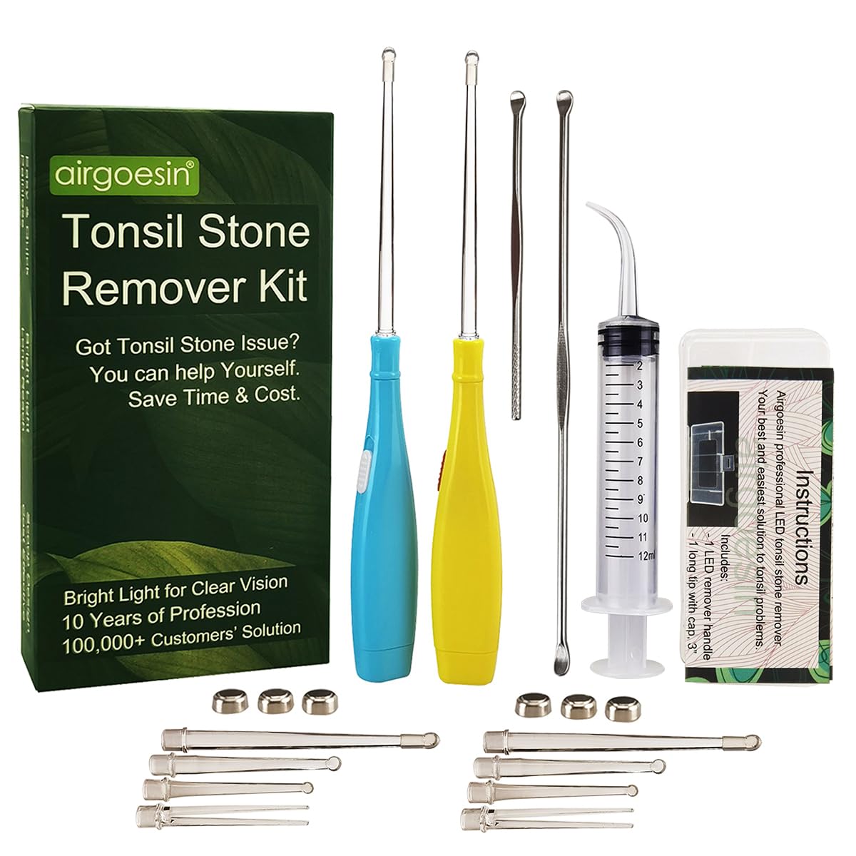 Airgoesin™ 2 Lighted Earwax Removal or Tonsil Stone Remover Tool, 6 Tips, Tonsillolith Pick Case + Irrigator Clean : 2 Pack-blue+yellow