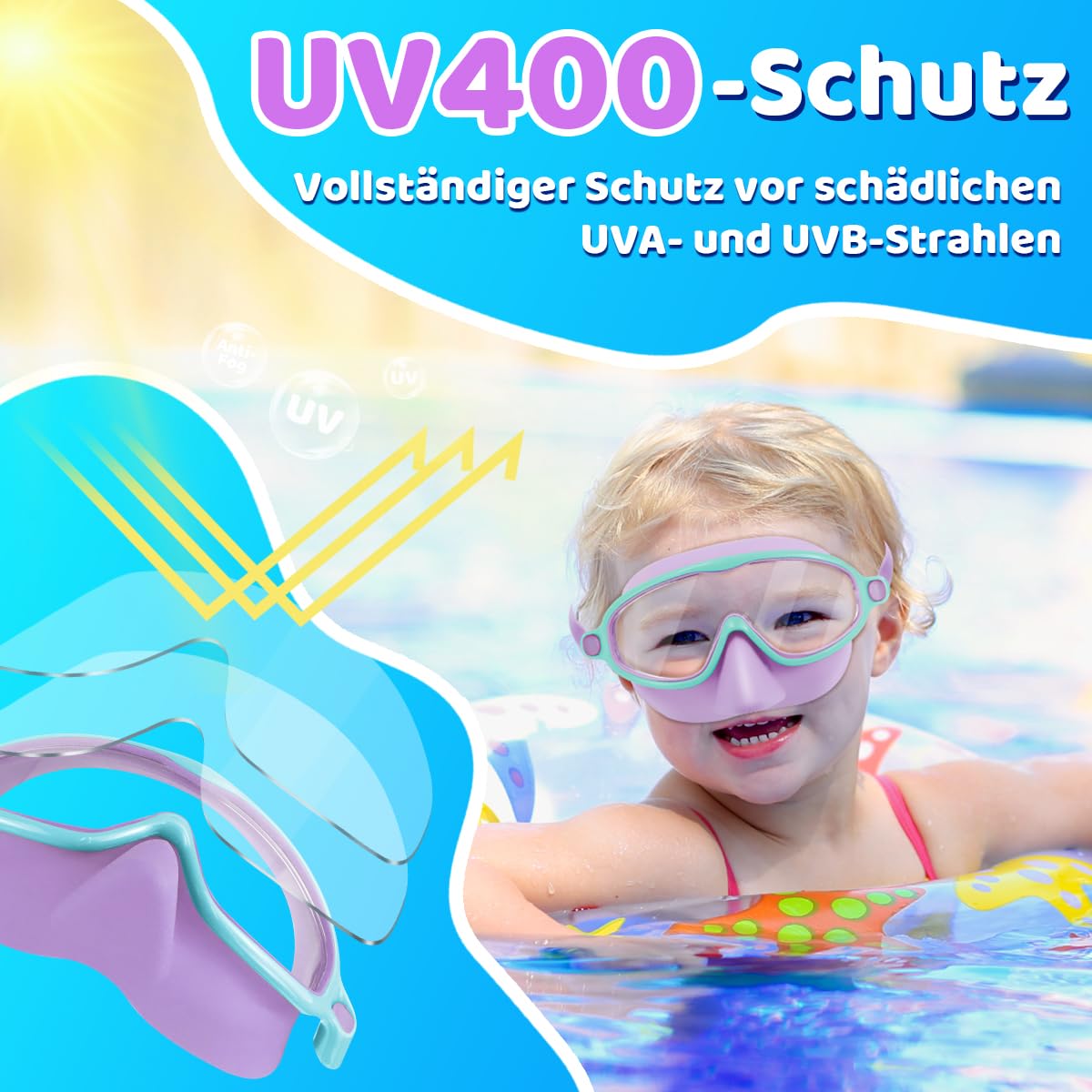 Vvinca Gafas de natación con clip nasal impermeables para niños de 3 a 15 años, juego de 2 unidades, máscara de buceo gran angular, antivaho/protección UV