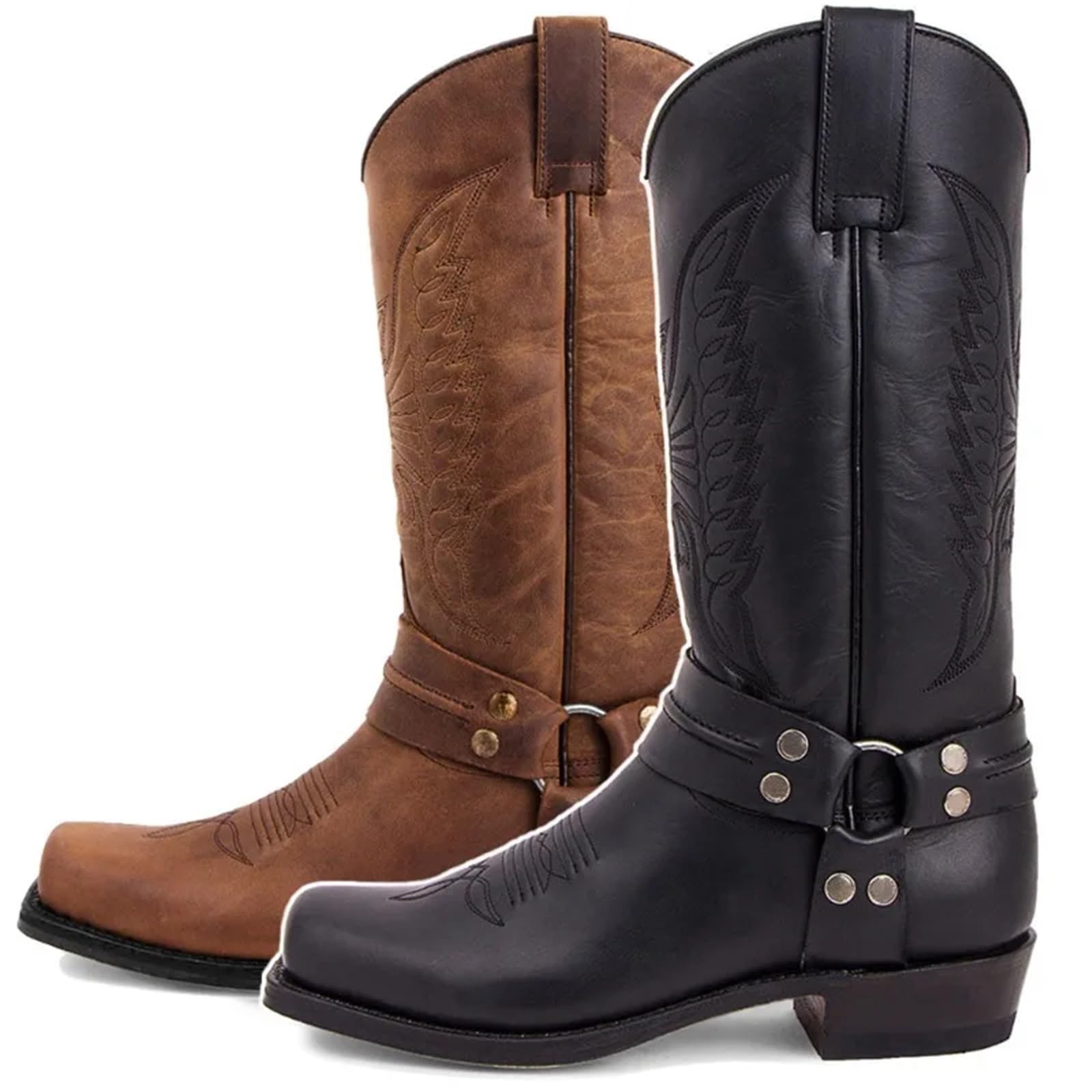 Stivali da cowboy western da uomo, stivali casual in pelle, stivali da cavaliere for uomo, stivaletti retrò ricamati a metà polpaccio, Botas Hombre