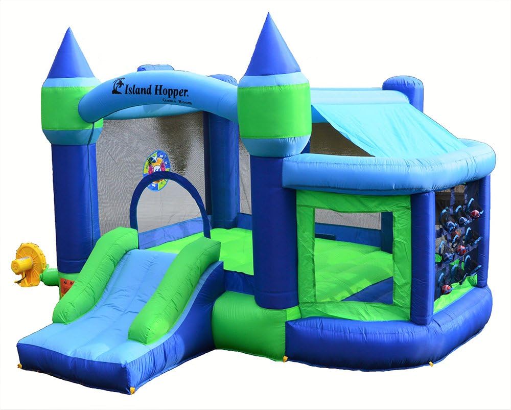 Island Hopper Shady Play Game Room with Shaded Canopy - Recreational Kids Bounce House with Padded Floor Side Room, Basketball, Target Throw, tic-tac-Toe