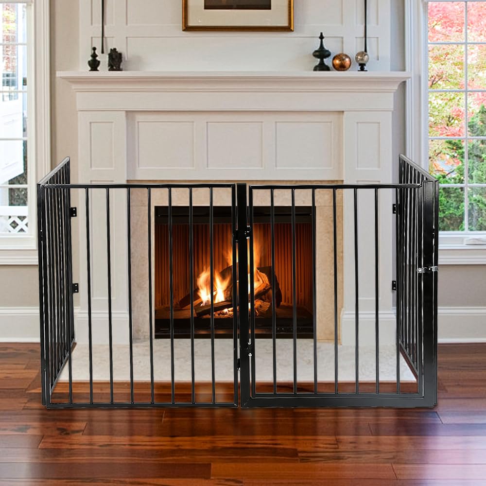 Barrera de seguridad de 240 cm, rejilla cortafuegos para chimenea, barrera para escaleras infantil/perro, cuatro barras de puerta, plegable (negro, 240 x 2,5 x 75 cm)