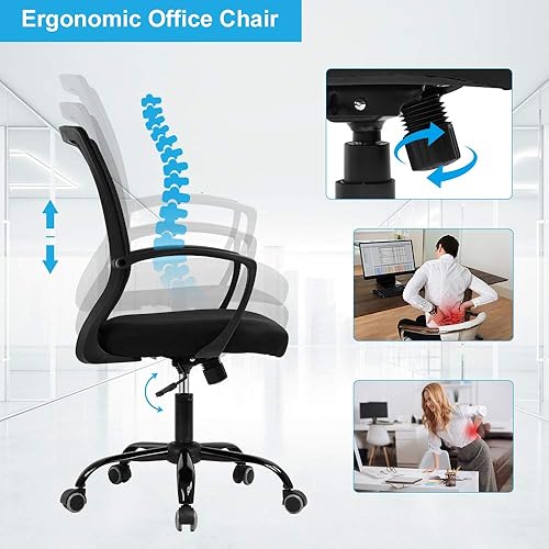 Miniatura 3 de HHS Silla ergonómica de oficina, silla de escritorio de malla, silla de computadora giratoria con soporte lumbar, ruedas ajustables con respaldo