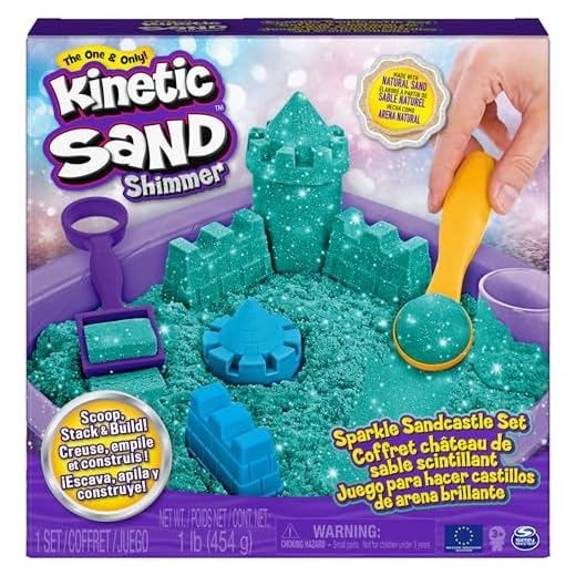 Kinetic Sand |Castello di Sabbia Shimmer | Sabbia cinetica 454gr | Sabbia Magica | Sabbia Colorata Glitterata Verde | 3 Accessori e vaschetta Inclusi | Giocattoli per Bambini e Bambine 3 Anni