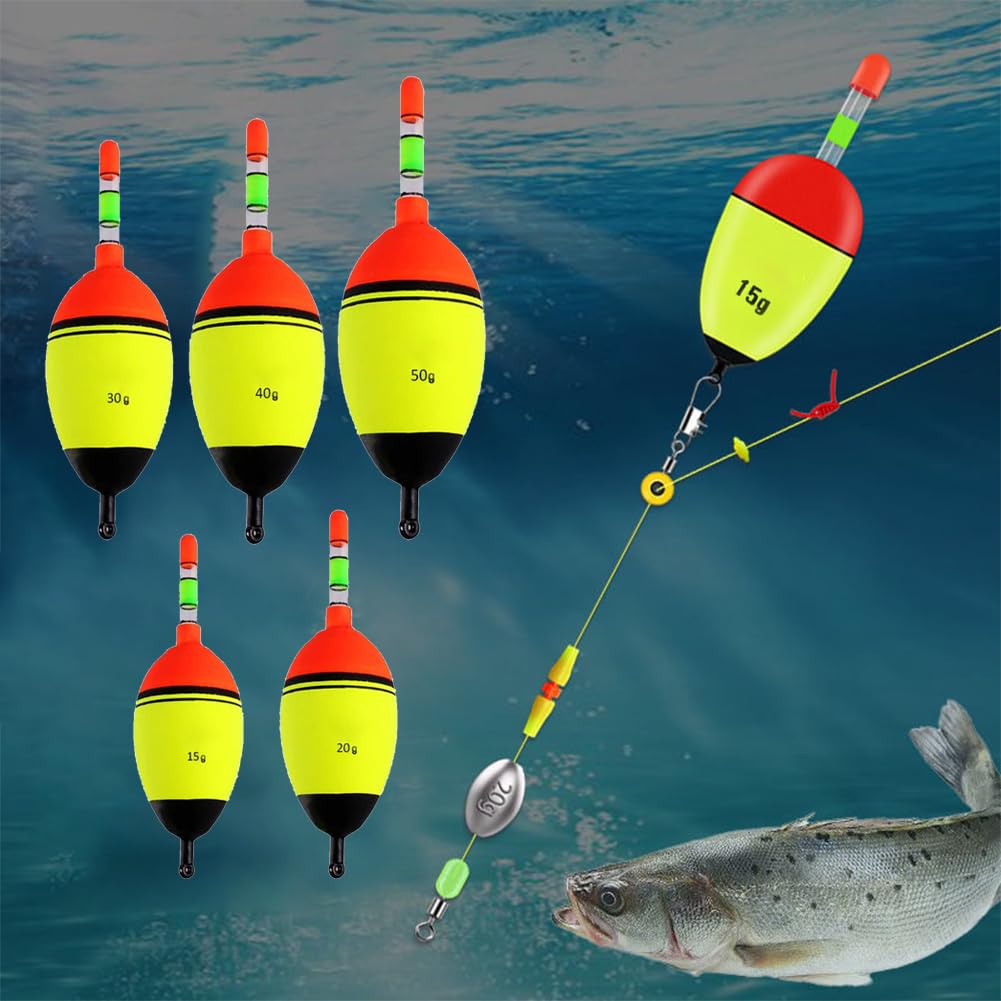 Set Da Pesca 6 Galleggianti In Schiuma EVA Luminosi - Boe Visibili Al Buio Per Luccio, Persico, Carpa, Misure 18-20 Cm, Pesi 10g/20g/30g