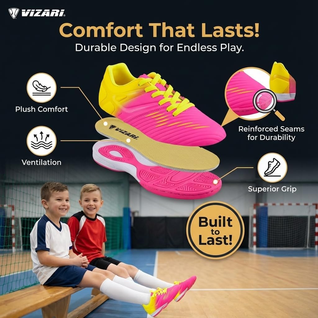 Vizari Liga Kids Indoor Soccer Shoes – Non-Slip Grip Outsole, Lightweight Synthetic Upper, Easy-Care Design, Vibrant Colors, Comfortable Boys & Girls Fit – Ideal for Indoor Play