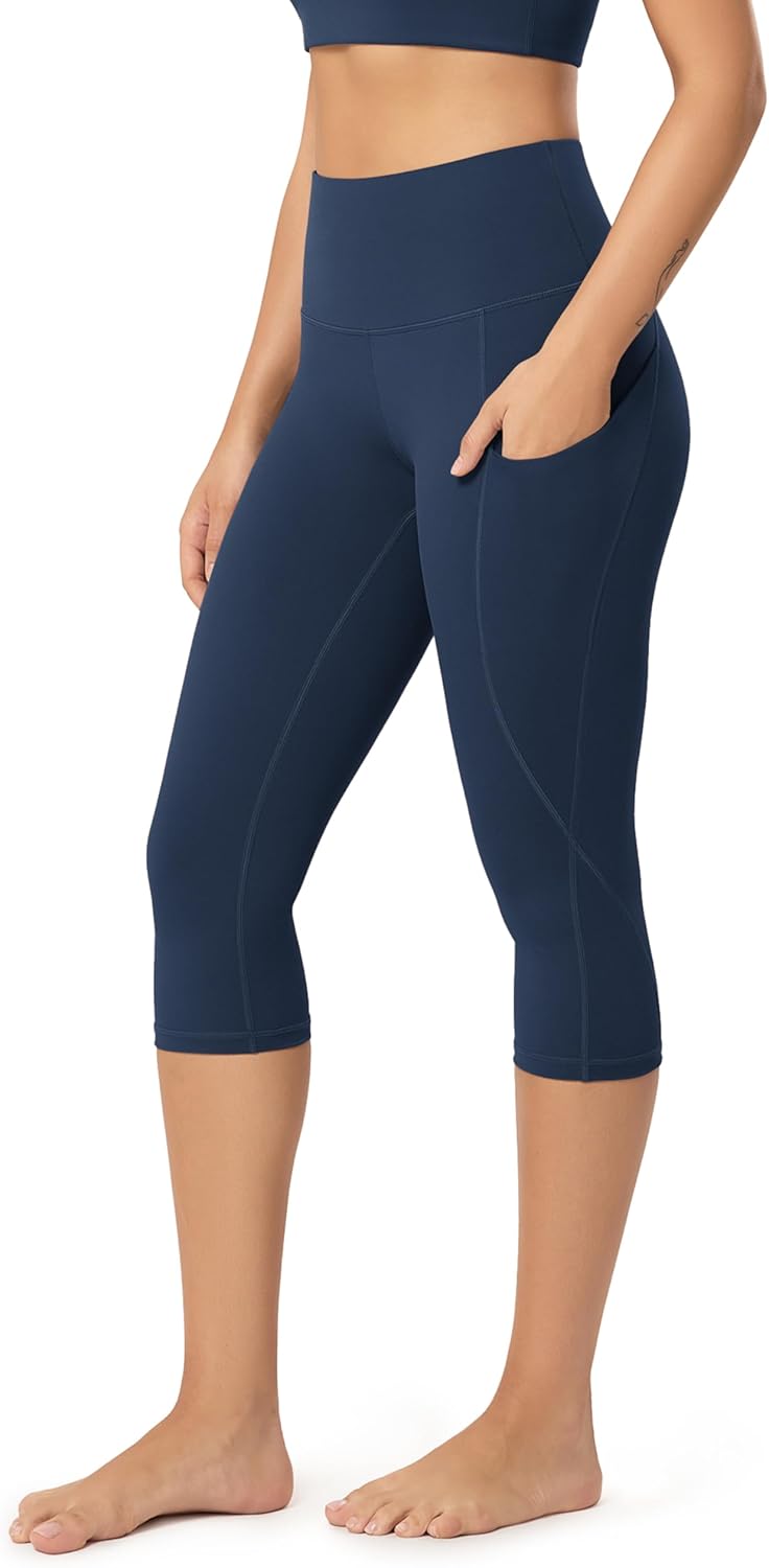 ODODOS Women's High Waisted Yoga Capris with Pockets, Tummy Control Non See Through Workout Athletic Running Capri Leggings