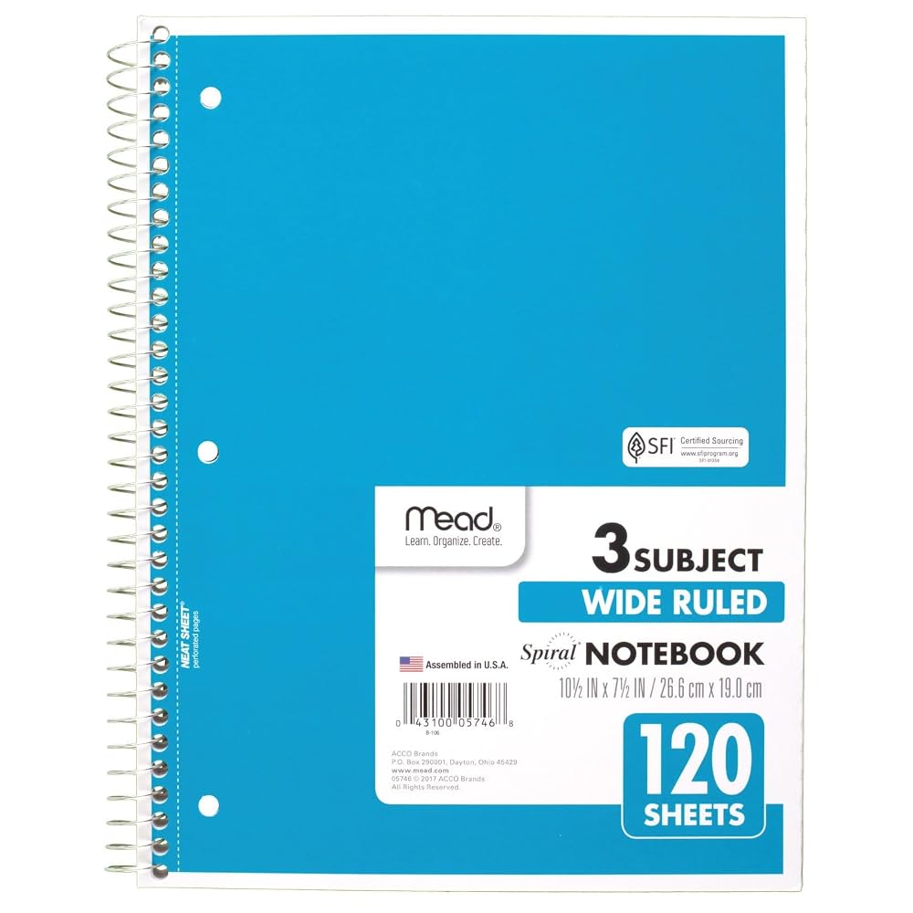 Mead Spiral Notebook, 3 Subject, Wide Ruled Paper, 7-1/2" x 10-1/2", 120 Sheets, Color Will Vary (930206-25)