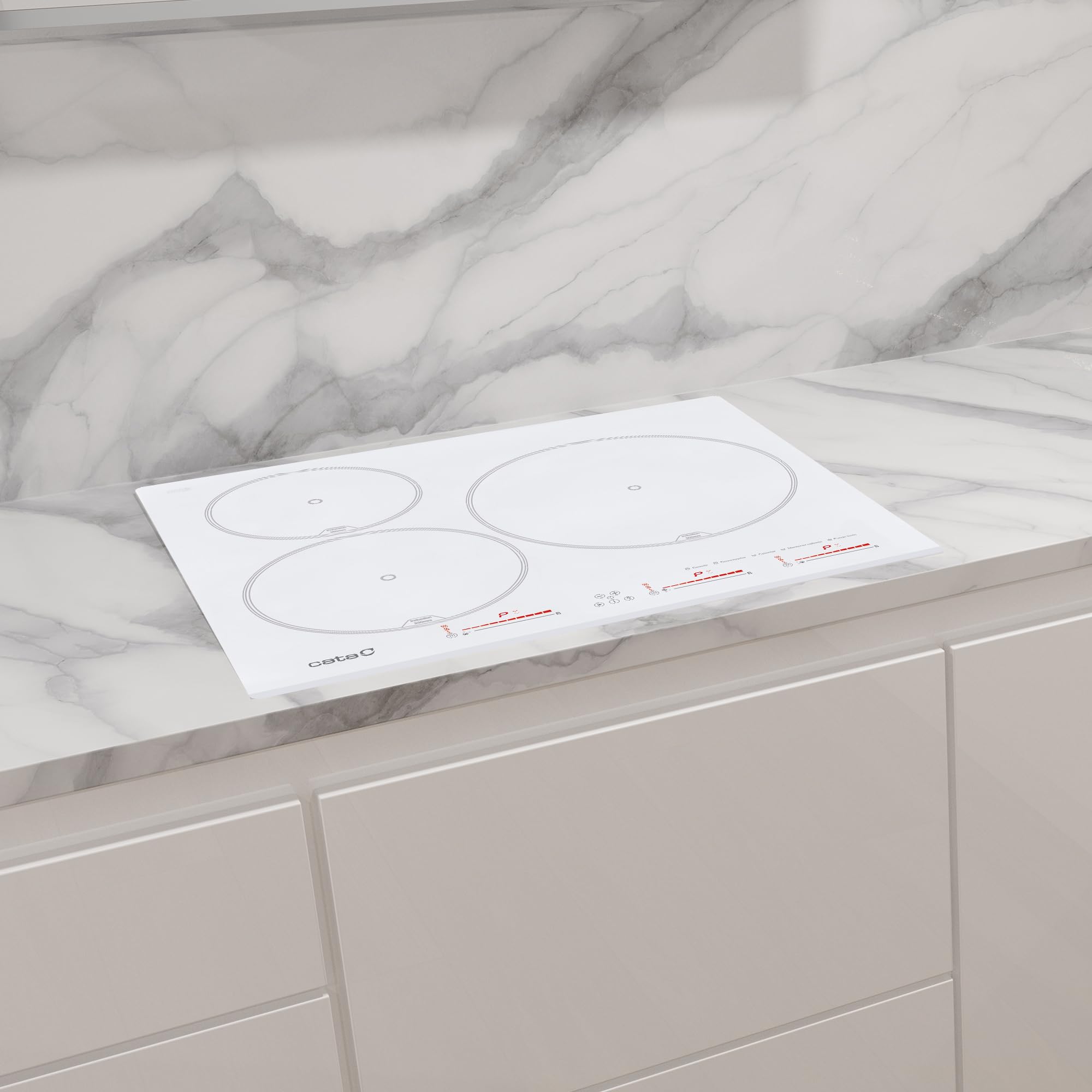 CATA Placa Inducción IB 6003 E2 WH, 3 Areas Cocción, Control Tactil Deslizante, 9 Niveles Potencia Regulable, Bloqueo Seguridad, Temporizador, Detección Recipientes, Bisel Frontal 59cm, Color Blanco