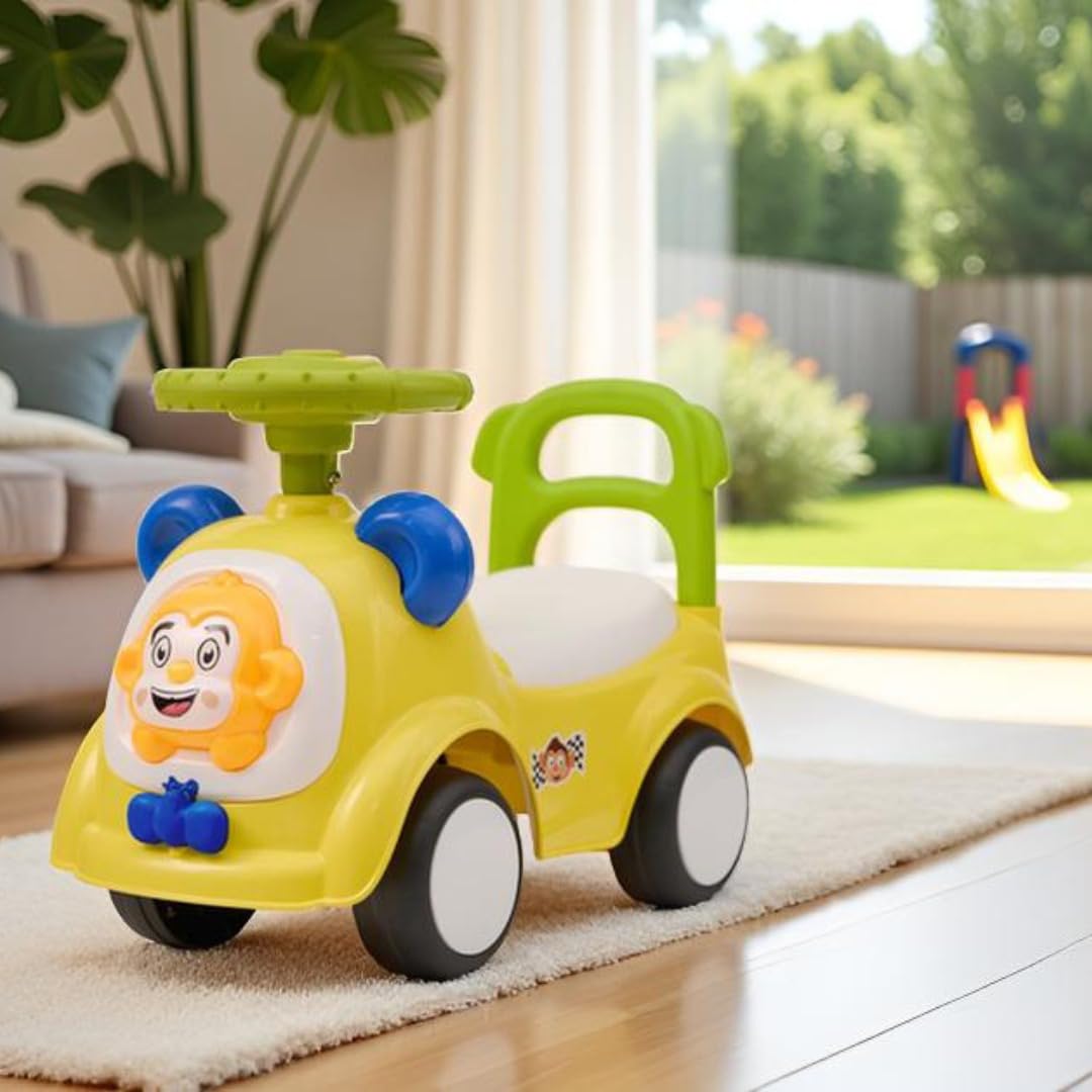 Amazon Brand - Jam & Honey Ride on & Car for Kids with Music & Horn Steering, Push Car for Baby with Backrest, Safety Guard, Under Seat Storage & Big Wheels, Ride on for Kids 1 to 3 Years (Yellow)