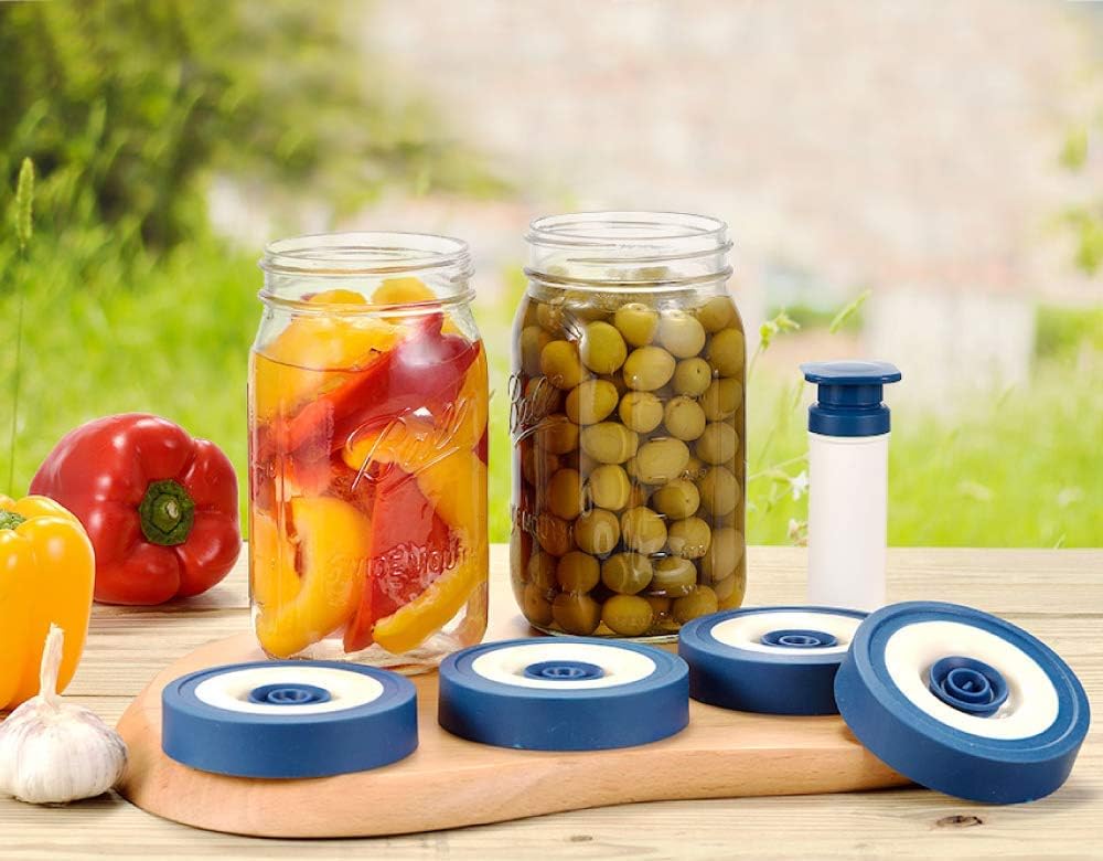 AXL Fermenting Wide Mouth Vacuum Lids for Mason Jars, Airtight, Airlock, Leak-Proof Seal and Innovative Jar Lid, Food-Grade Plastic Storage Caps for Mason, Kitchen (4 Pack Lids & 1 Air Extractor Pump)