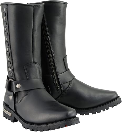 Milwaukee Leather Botas de moto con arnés de cuero negro para hombre con trenza y detalles remachados MBM9025